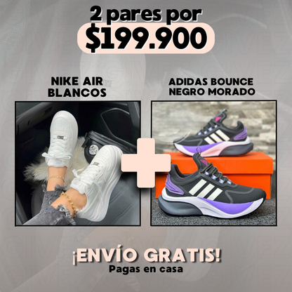 PROMO PACK - NIKE AIR BLANCOS + ADIDAS BOUNCE MUJER NEGRO MORADO