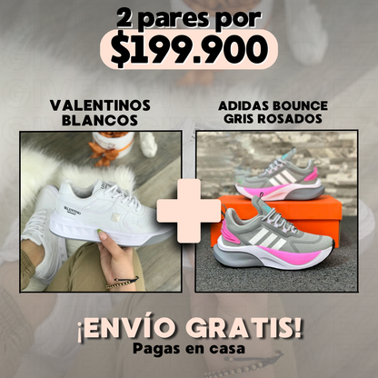 PROMO PACK - VALENTINOS BLANCOS + ADIDAS BOUNCE MUJER GRIS ROSADOS