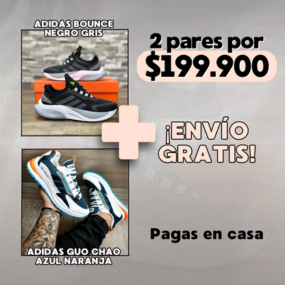 PROMO PACK - ADIDAS BOUNCE HOMBRE NEGRO GRIS + ADIDAS GUO CHAO AZUL NARANJA